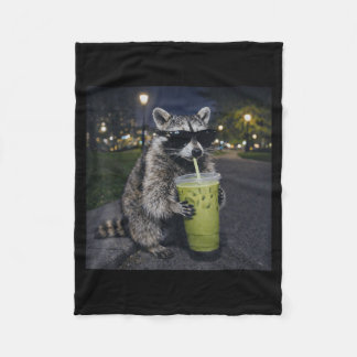 Raccoon drinking iced matcha latte funny animal fleecedecke