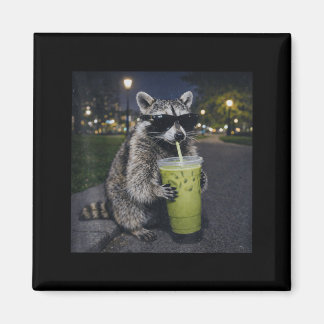 Raccoon drinking iced matcha latte funny animal magnet