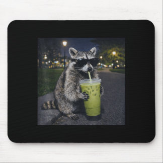 Raccoon drinking iced matcha latte funny animal mousepad