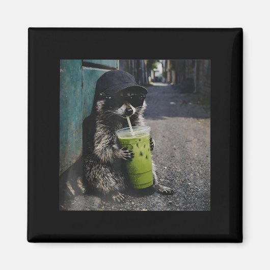 Raccoon drinking matcha latte funny animal meme me magnet (Vorne)