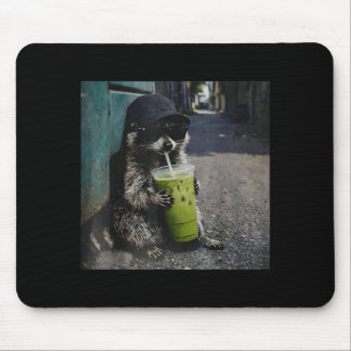 Raccoon drinking matcha latte funny animal meme me mousepad