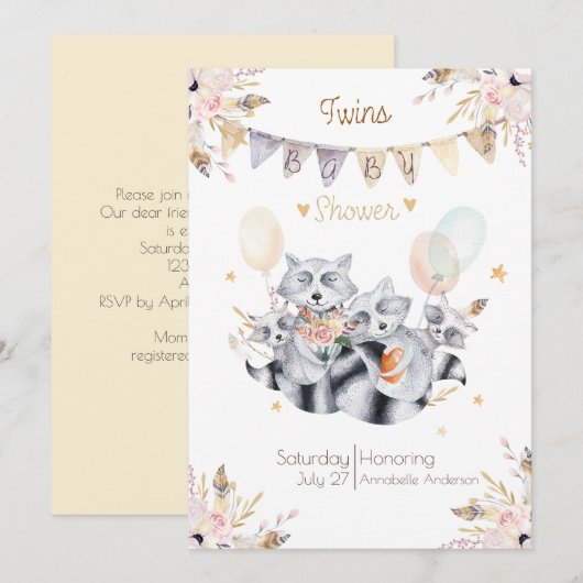 Raccoon Family Twins Boho Babydusche Einladung (Vorne/Hinten)