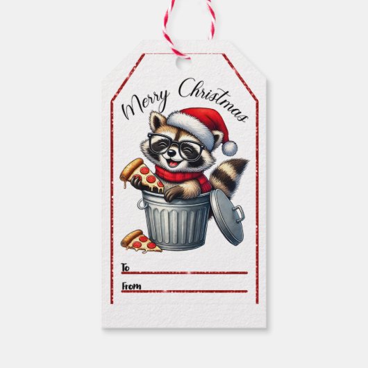 Raccoon feiert freudig Weihnachtspizza! Geschenkanhänger (Rückseite)