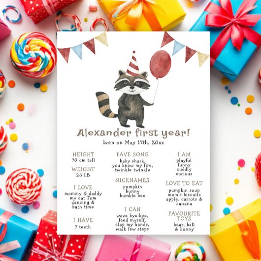 Raccoon First Birthday Milestone Birthday Poster