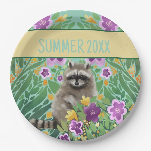 Raccoon Floral Summer Pappteller (Vorderseite)