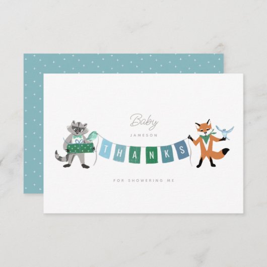 Raccoon Fox Forest Friends Blue Baby Dusche Dankeskarte (Vorne/Hinten)