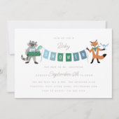 Raccoon Fox Forest Friends Blue Baby Dusche Einladung (Vorderseite)