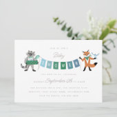 Raccoon Fox Forest Friends Blue Baby Dusche Einladung (Stehend Vorderseite)