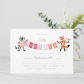 Raccoon Fox Forest Friends Pink Baby Dusche Einladung (Stehend Vorderseite)