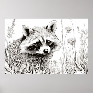 Raccoon Friedliche Natur Prairie Sketch Zeichnend  Poster