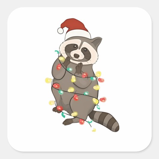 Raccoon Frohe Weihnachtslicht Weihnachtsmannmütze Quadratischer Aufkleber (Vorderseite)