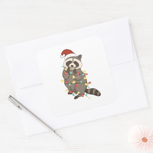 Raccoon Frohe Weihnachtslicht Weihnachtsmannmütze Quadratischer Aufkleber (Umschlag)