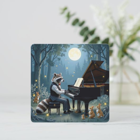 Raccoon gibt eine Piano-Erwägung im Wald Einladung (Stehend Vorderseite)