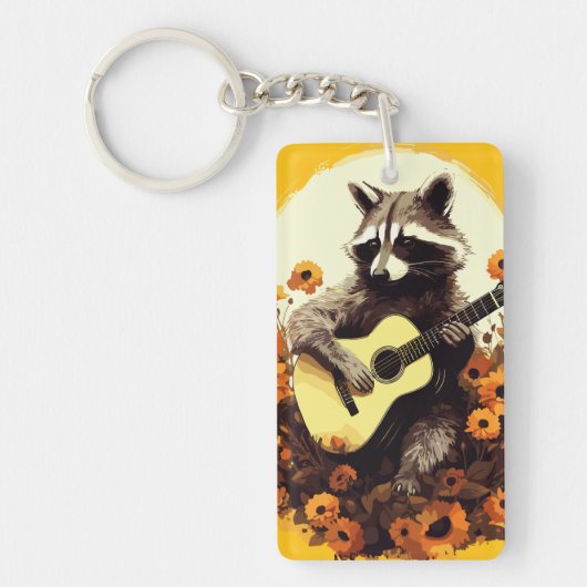Raccoon Guitar Serenade in Sonnenblumen Schlüsselanhänger (Vorderseite)