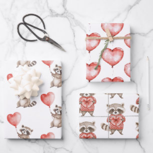 Raccoon Hearts Balloons Geburtstag Geschenkpapier Set