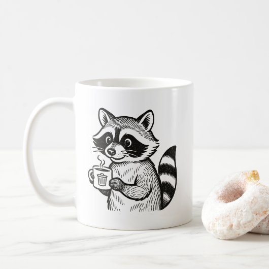 Raccoon Holding Coffee Cup Funny Trash Panda Mug Kaffeetasse (Mit Donut)