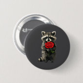 Raccoon Holding Red Rose Cute Raccoon Valentine An Button (Vorne & Hinten)