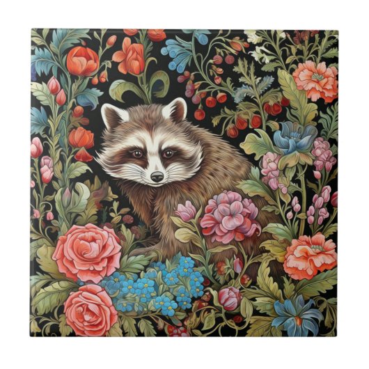 Raccoon im Garten inspiriert von William Morris Fliese (Vorderseite)
