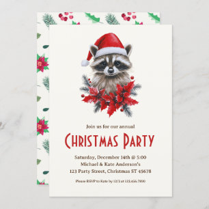 Raccoon in der Weihnachtsmannmütze Poinsettias Wei Einladung