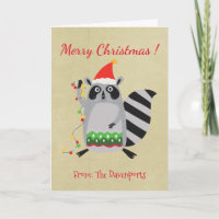 Raccoon in der Weihnachtsmannmütze verwirrt oben