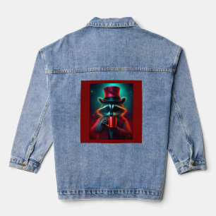 Raccoon in einem roten Outfit Drink Kaffee verklei Jeansjacke