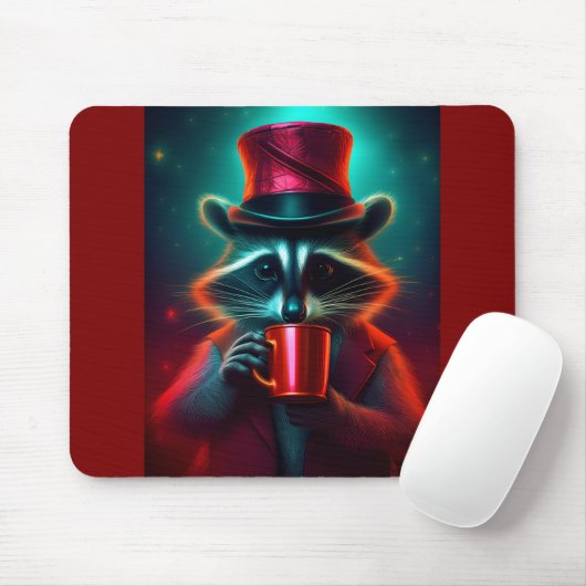 Raccoon in einem roten Outfit Drink Kaffee verklei Mousepad (Mit Mouse)