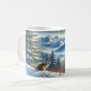 Raccoon in einem schneebedeckten Bergwald Kaffeetasse