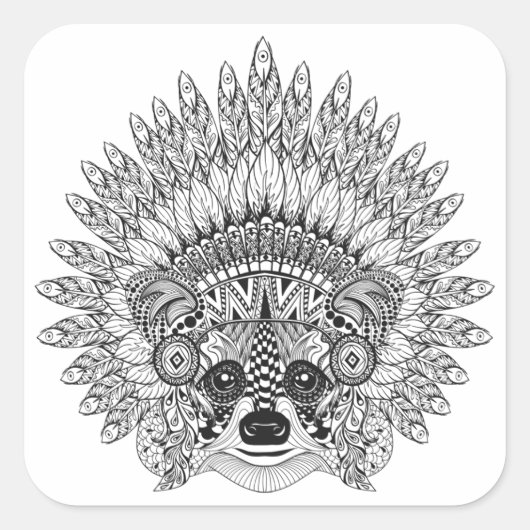 Raccoon in Featherkrieg Bonnet Doodle Quadratischer Aufkleber (Vorderseite)