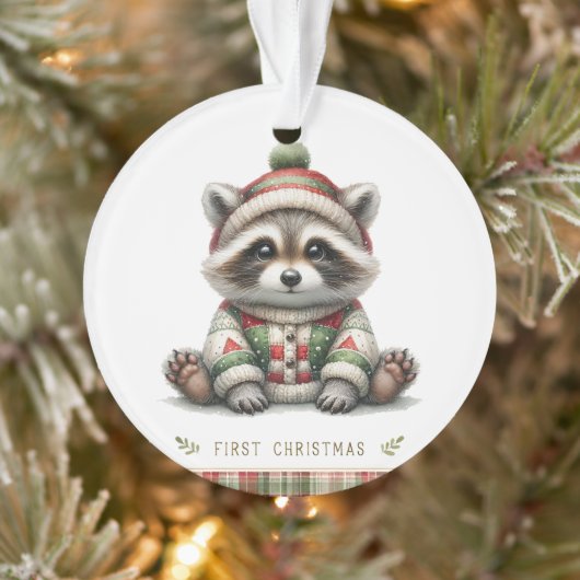 Raccoon in Knit Hat & Patchwork Sweater Ornament (Baum)