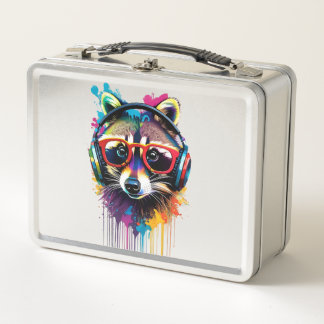 Raccoon in Kopfhörern und Brillen Metall Brotdose