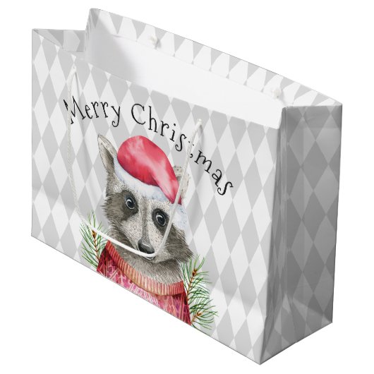 Raccoon in Weihnachtsmannmütze mit Harlequin Patte Große Geschenktüte (Vorderseite Schrägansicht)