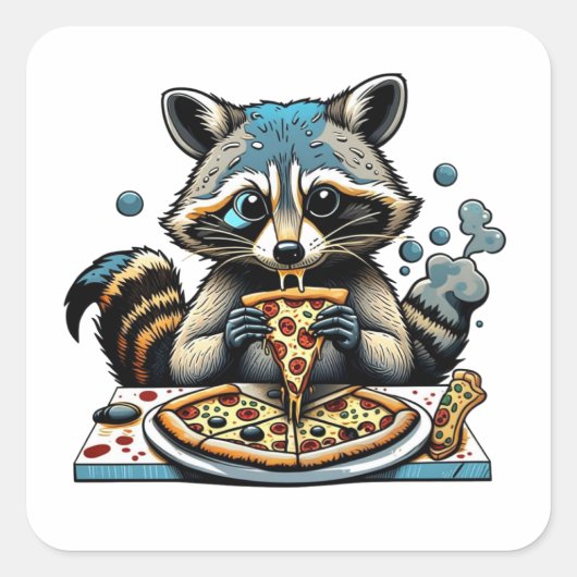 Raccoon isst Pizza Quadratischer Aufkleber (Vorderseite)