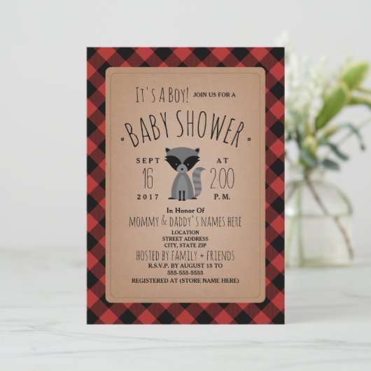 Raccoon Lumberjack Kariert Baby Dusche Einladung (Stehend Vorderseite)