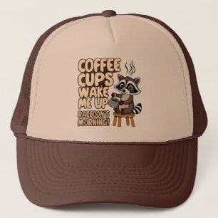 Raccoon lustiger Morgen mit Kaffeetasse Truckerkappe