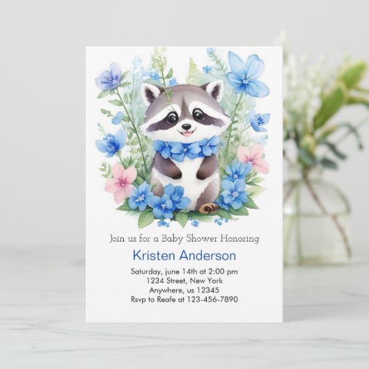 Raccoon Meadow Magic Blue Boy Baby Dusche Einladung (Stehend Vorderseite)