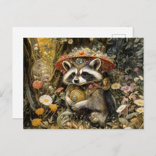 Raccoon mit einem Fly Agarious Pilz in Fantasy Fan Postkarte (Vorne/Hinten)