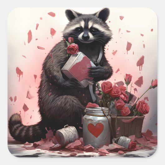 Raccoon mit Valentinstag-Müll Quadratischer Aufkleber (Vorderseite)