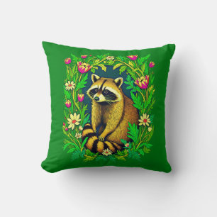 Raccoon mitten im Garten der Wildblume Kissen