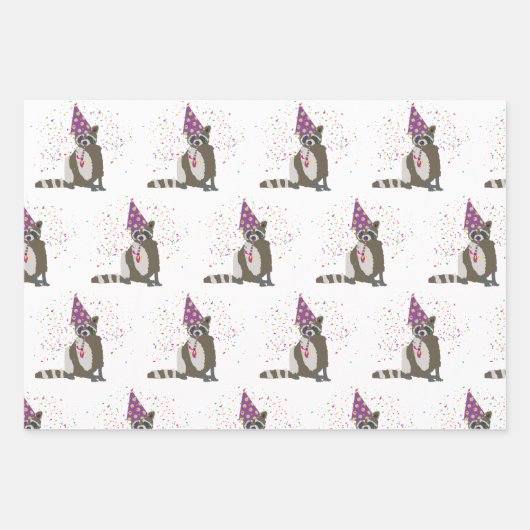Raccoon Partying - Tiere mit einem Party Geschenkpapier Set (Vorderseite)