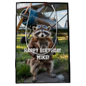 Raccoon Pilot Airplane Funny Photo Birthday Custom Mittlere Geschenktüte (Vorderseite)