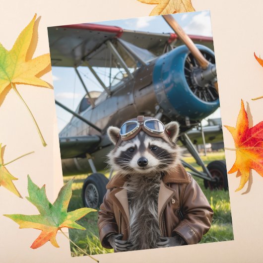 Raccoon Pilot Airplane Funny Photo Birthday Karte