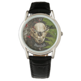 Raccoon Skull old log ferns & Rote Bienenbalsam Bl Armbanduhr