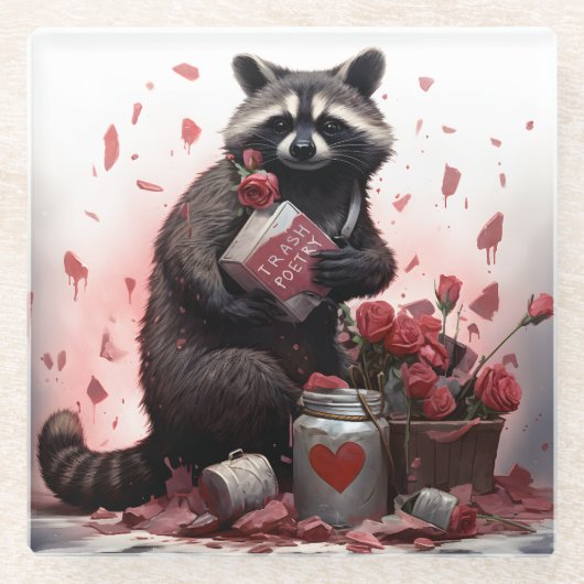Raccoon Trash Poesie Valentinstag Glasuntersetzer (Vorderseite)