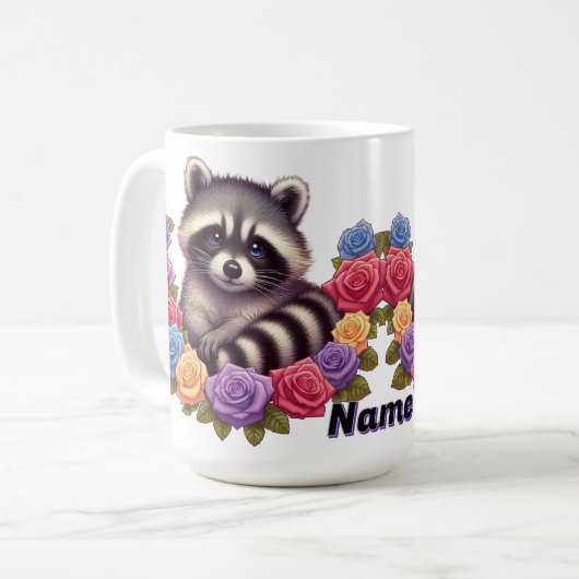 Raccoon umgeben von lebhaften bunten Rose Kaffeetasse (Vorderseite Links)