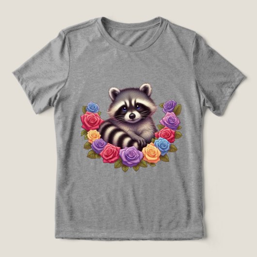 Raccoon umgeben von lebhaften bunten Rose Tri-Blend Shirt (Design Vorderseite)