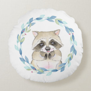 Raccoon und Blumenkranz Rundes Kissen