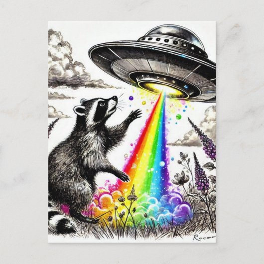 Raccoon und das Rainbow UFO auf einer Wildblume Postkarte (Vorderseite)