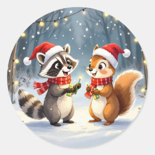 Raccoon und Eichhörnchen Hängende Weihnachtsbeleuc Runder Aufkleber