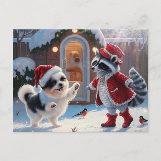 Raccoon und ein Niedlicher Hund Weihnachten Postkarte (Vorderseite)