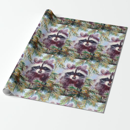 Raccoon und Pine Tree Weihnachtswrapping Papier Geschenkpapier (Ungerollt)